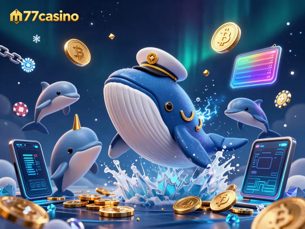M77casino mengajak Anda berlayar dalam pengalaman kasino dengan paus 3D raksasa dan koin emas.