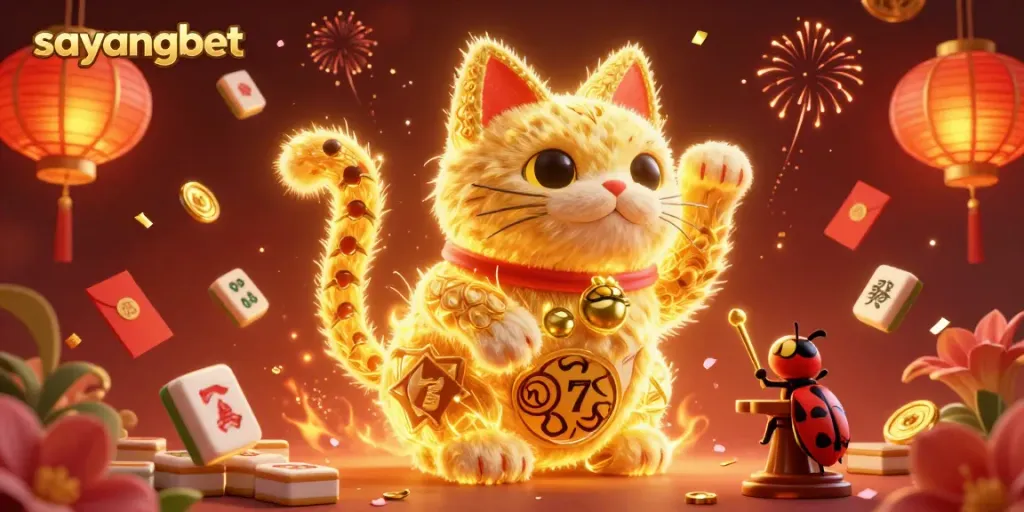 Experience the magic of sayangbet with a vibrant 3D illustration of a lucky cat and casino symbols.