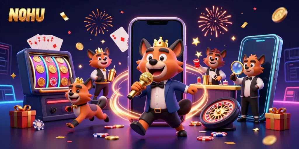 Engaging NOHU casino scene with hyenas performing comedy, bartending, and checking IDs amidst vibrant casino elements.