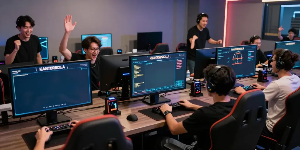 Friends enjoying a vibrant KANTORBOLA betting game in a lively gaming lounge.