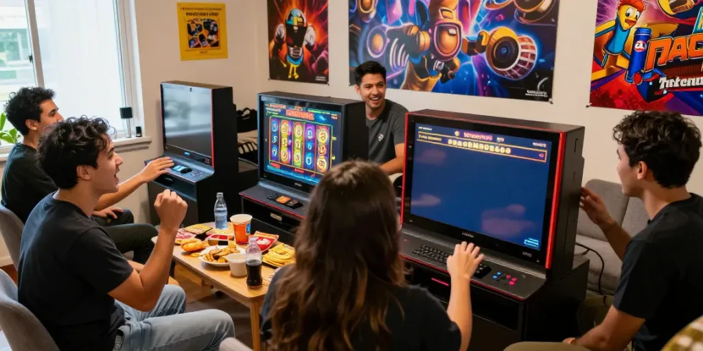 Excited players engaging at home around a large screen playing slot gacor games together, vivid atmosphere with bright LED lighting.