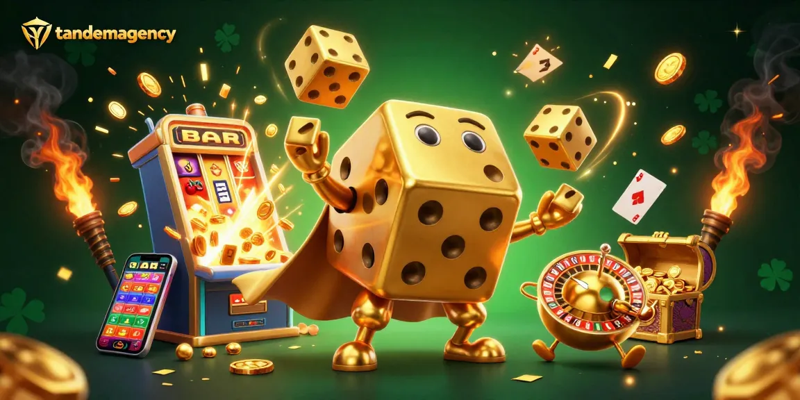 Experience dynamic wins with tandemagency in a vibrant casino-themed illustration featuring exciting gaming elements.