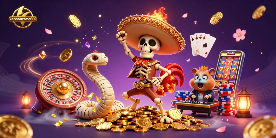 Experience the magic of keonhacaibet888 with a vibrant casino scene featuring joyful characters and glittering casino elements.