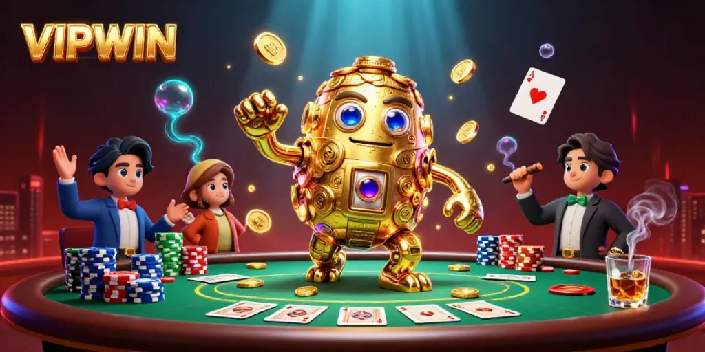 Engage with VIPWIN's thrilling world of online gambling featuring a dynamic golden golem and poker table.