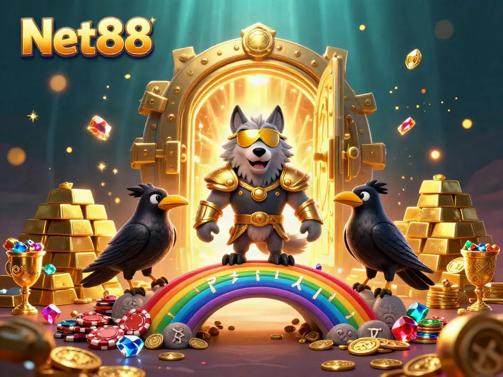 Engage in thrilling gaming at Net88 with an epic 3D scene of Odin and ravens amidst dazzling casino treasures.