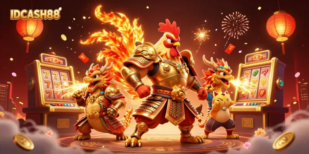 Experience the excitement of IDCASH88 with vibrant characters in a dynamic casino scene.