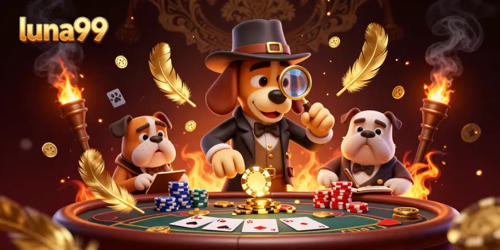 Gali petunjuk poker chip emas di kasino dengan luna99 dan karakter lucu.