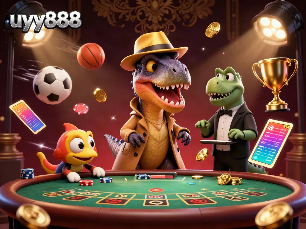 Experience thrilling action in uyy888's casino with a velociraptor card counter, animated characters, and dynamic sports elements.