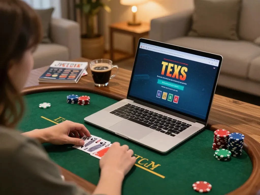 Engaging in an online game of Texas Hold'em using a laptop while practicing strategies for link slot gacor.