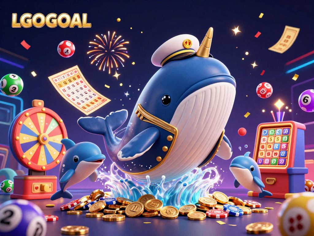 Exciting LGOGOAL scene with a playful whale, narwhal, and dolphins capturing the thrill of sports betting.