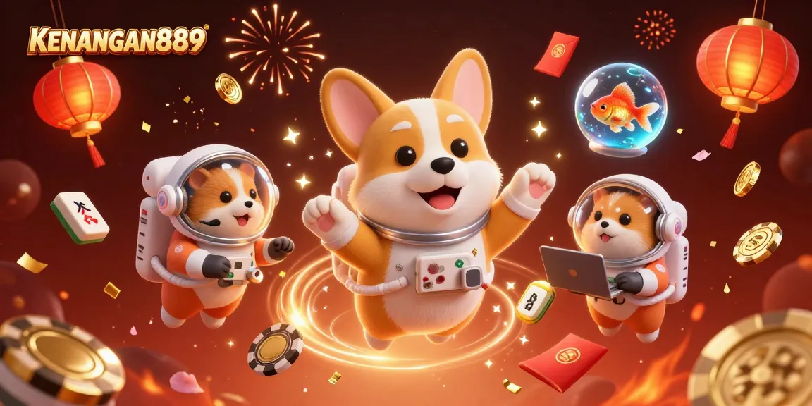 Experience KENANGAN889 with an exciting scene of a floating casino in space, featuring a corgi in zero gravity.