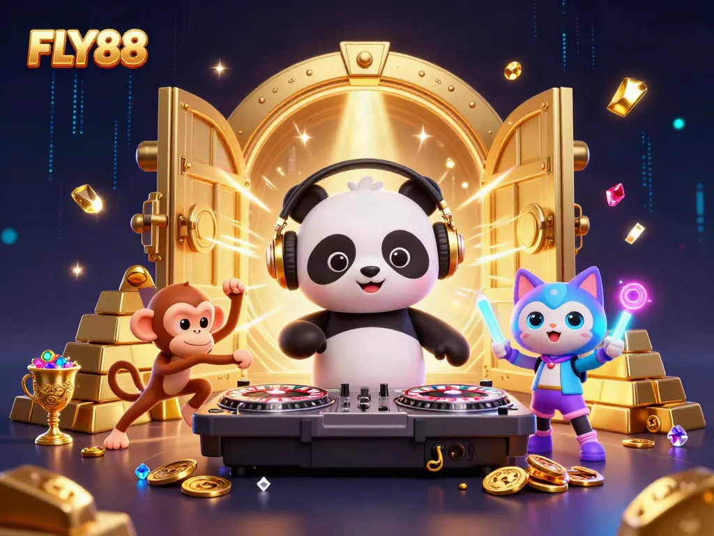Engage with FLY88's vibrant casino scene featuring a DJ panda and dynamic characters.