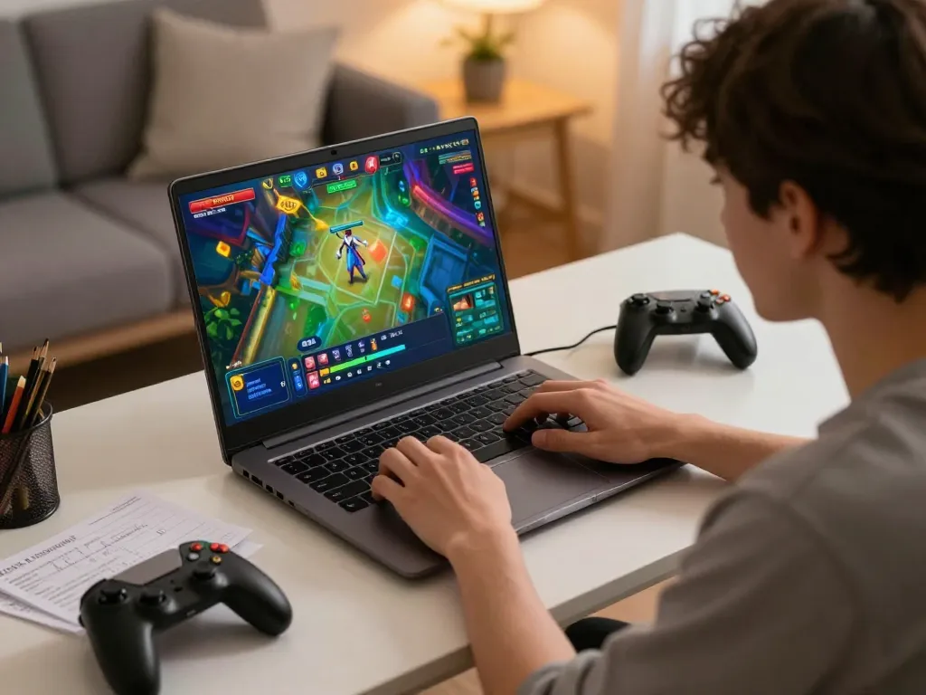 Engaging in slot toto games with a laptop in a cozy home office setting, showcasing responsible gambling.