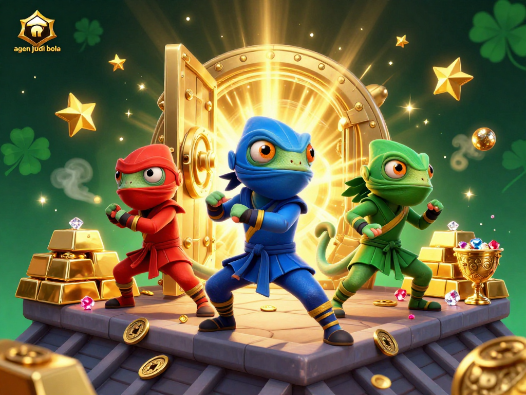 Engage with agen judi bola in this vibrant scene showcasing ninja chameleons amidst riches of gold and gems.