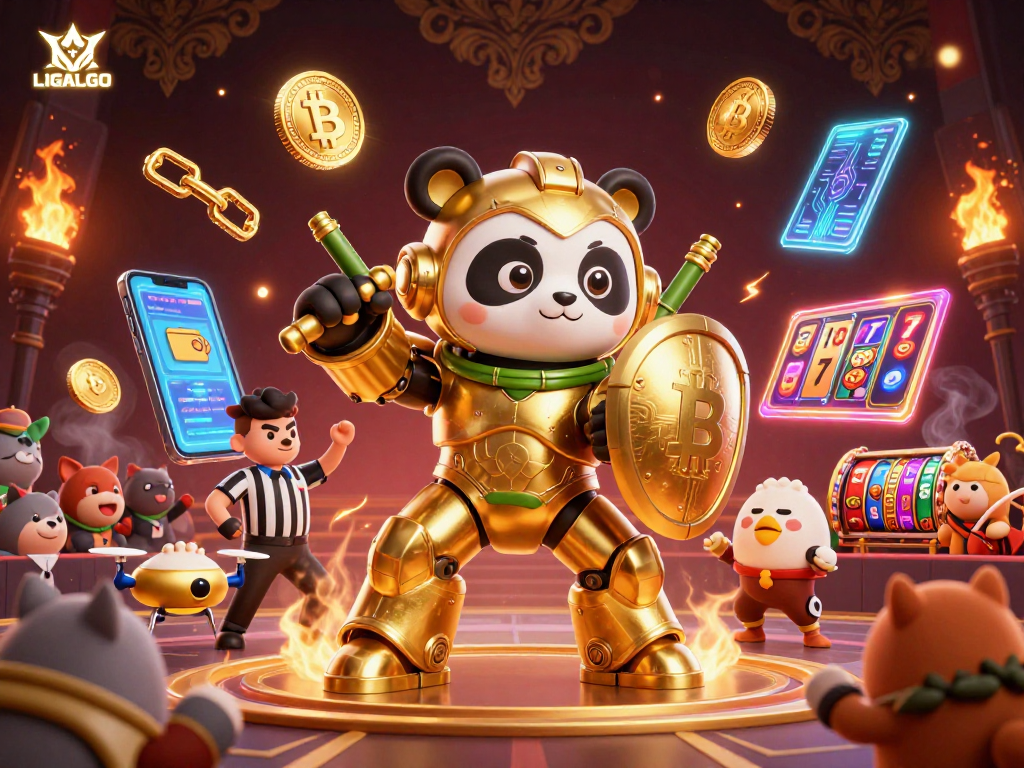 LIGALGO features an energetic gaming arena scene blending vibrant slot reels and a golden panda robot.