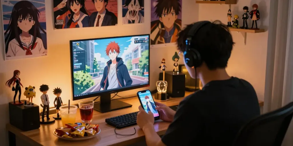 Menikmati streaming APK Kucing di perangkat mobile sambil dikelilingi poster anime dan camilan.