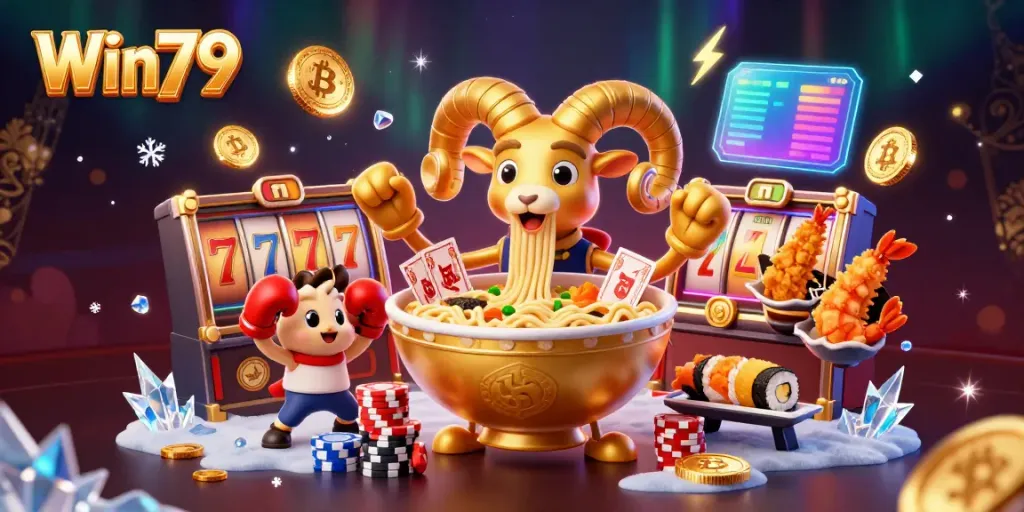 Win79 showcases a vibrant 3D cartoon scene featuring games and characters in an online casino atmosphere