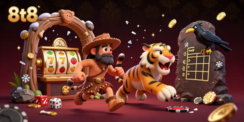 Engage with 8tt8's prehistoric casino featuring cavemen, a sabertooth tiger, and dynamic slot elements.