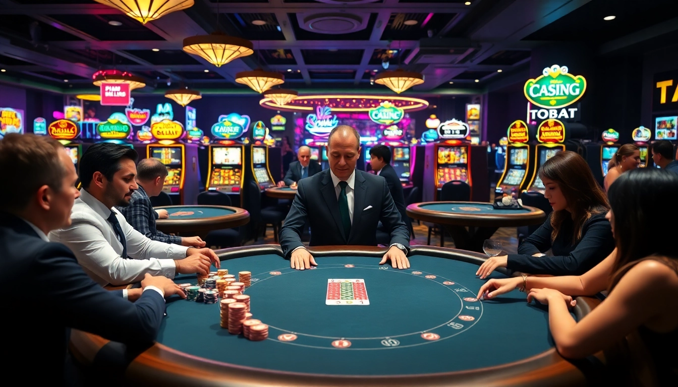 Join the excitement at https://na777unduh.com with an engaging casino scene featuring poker and vibrant slot machines.