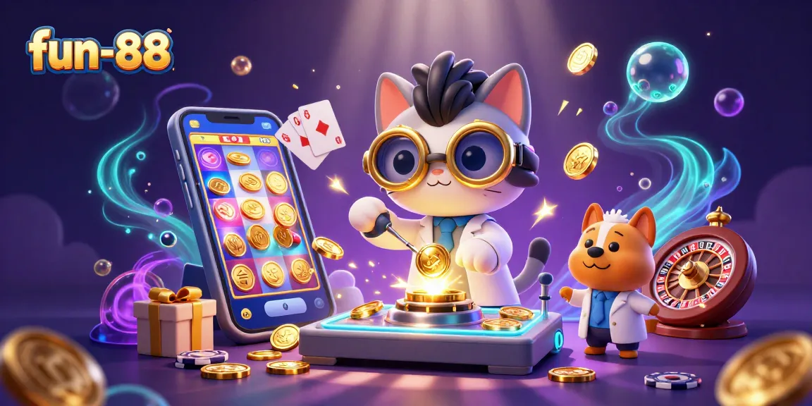 Engage in slots excitement with fun-88's vibrant casino scene featuring mad scientist cat and dog.