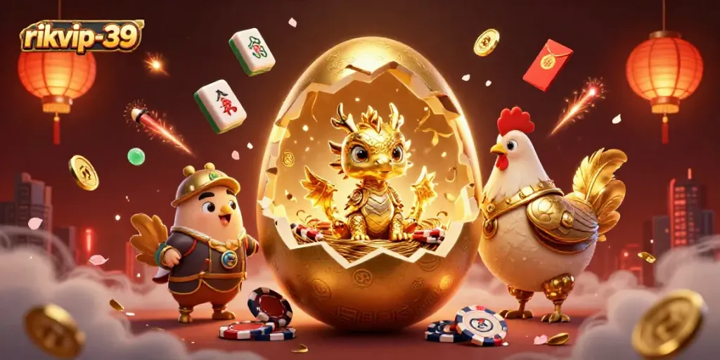 Play exciting games with rikvip-39 while a golden dragon guards your poker chip winnings.