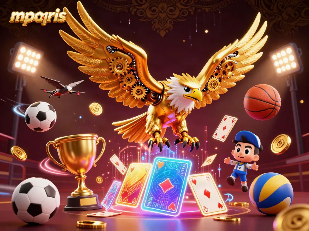 Menangkan pengalaman taruhan dengan mpoqris yang menampilkan elang emas dan kartu poker holografis.
