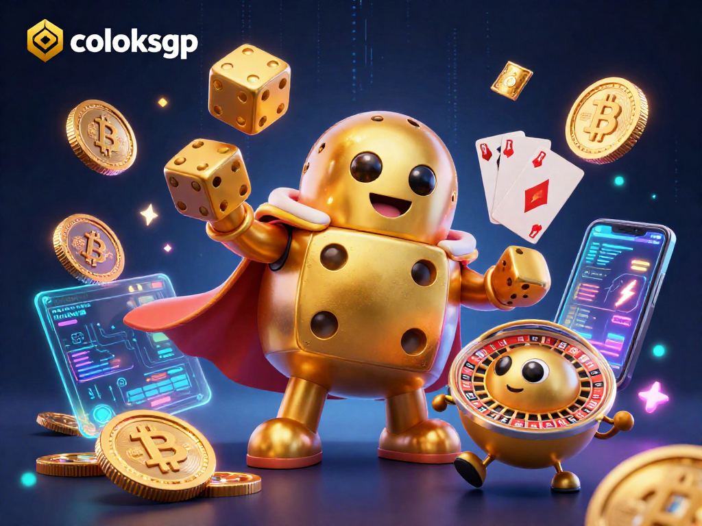 Mainkan coloksgp dengan karakter dadu emas yang unik, mengelilingi elemen kasino dan cryptocurrency.