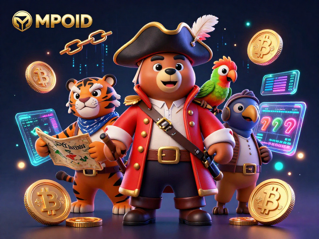 Engage in thrilling slots play at MPOID, featuring a dynamic pirate bear and tiger amidst vibrant casino elements.