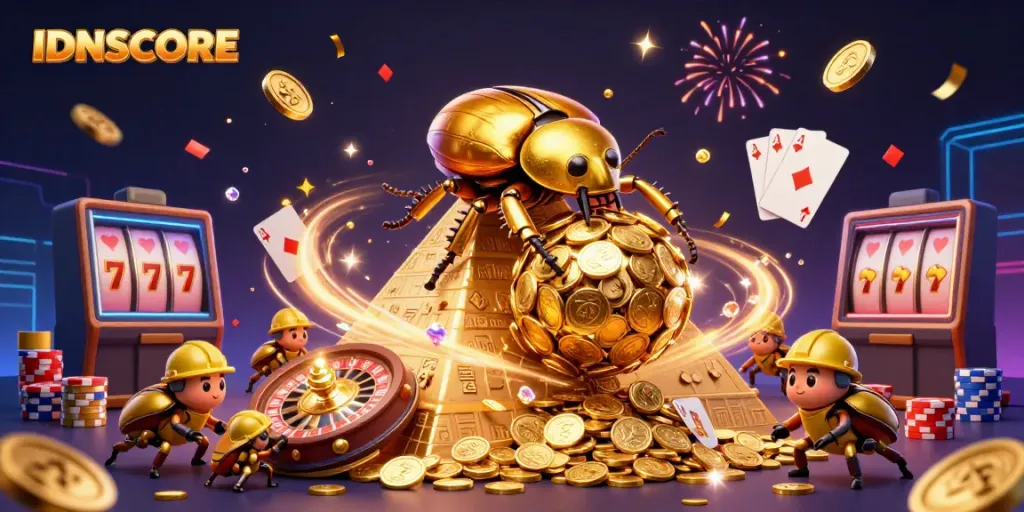 Experience the thrill of IDNSCORE with dynamic casino elements and golden riches in a vibrant 3D scene.