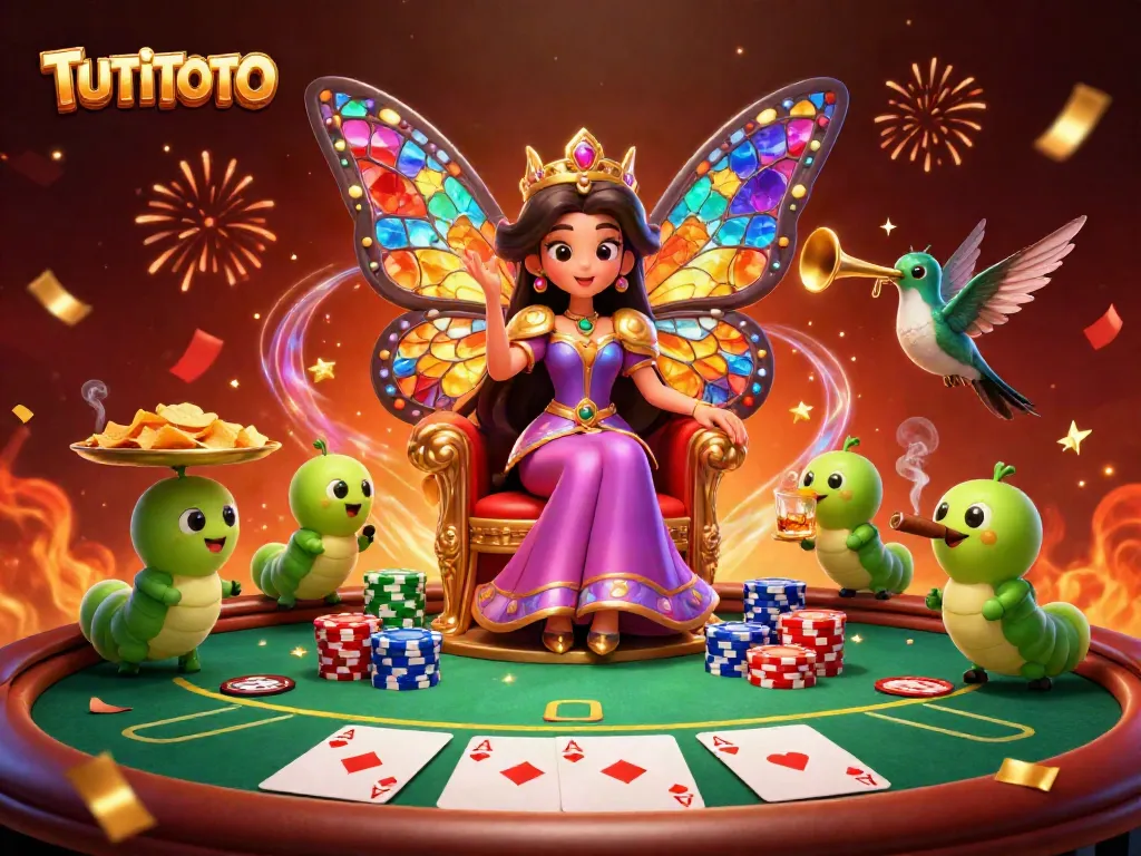 TUTITOTO showcases a magical casino scene with a butterfly queen, poker elements, and vibrant confetti.