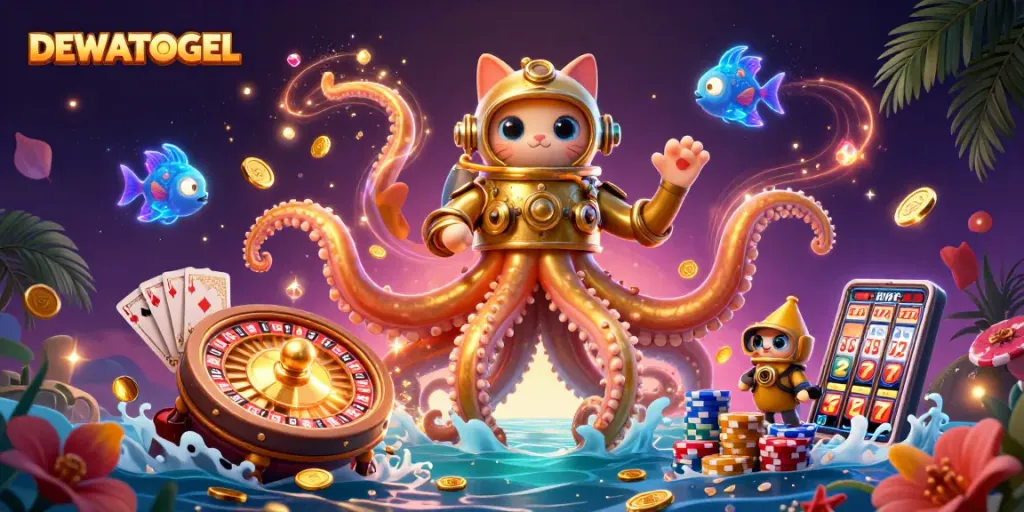 Engage with DEWATOGEL’s vibrant world featuring a kraken and diving cat amid dynamic casino elements.