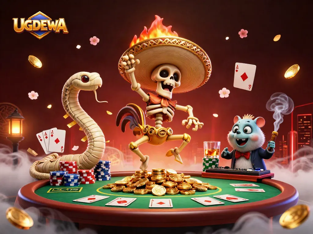 UGDEWA offers a vibrant casino scene with a skeleton rooster, mummy snake, and hamster DJ amidst poker elements.
