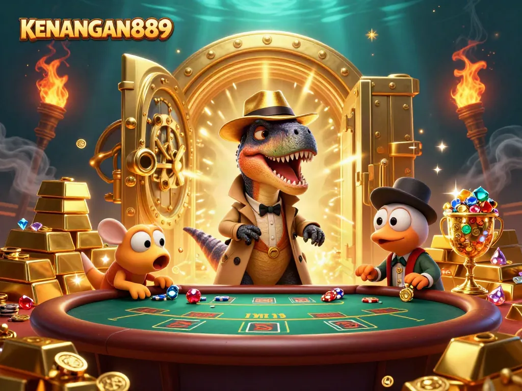 KENANGAN889 showcases a velociraptor at a blackjack table in a vibrant casino scene with golden treasures.