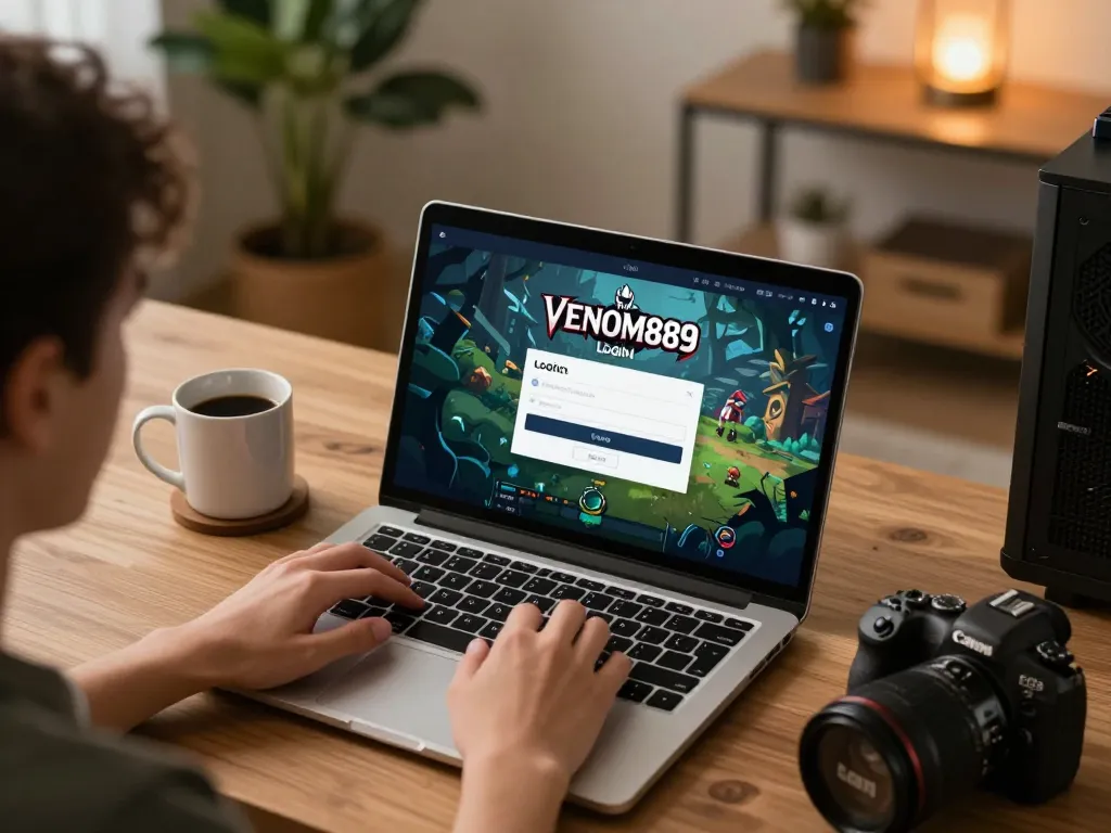 Engaging VENOM889 Login action scene on laptop showcasing idle RPG gameplay.