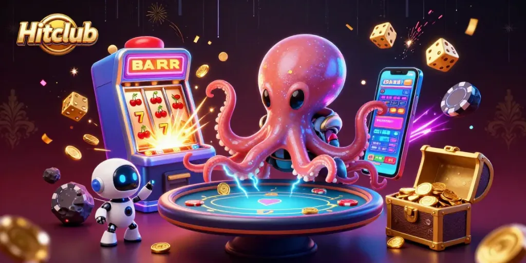 Engage with Hitclub's vibrant casino universe featuring an alien octopus, joyous robot, and dynamic poker scene.