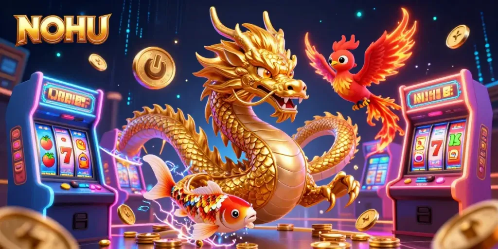 Experience NOHU in a vibrant, dynamic casino-themed scene with stunning 3D illustrations.