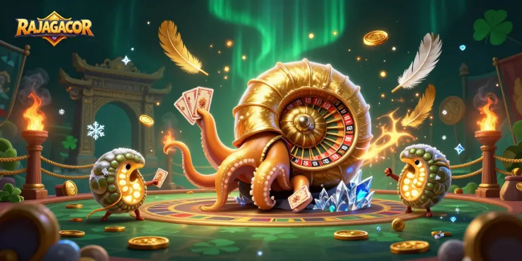 RAJAGACOR menghadirkan ilustrasi 3D menarik dengan nautilus raksasa dan elemen slot gacor.