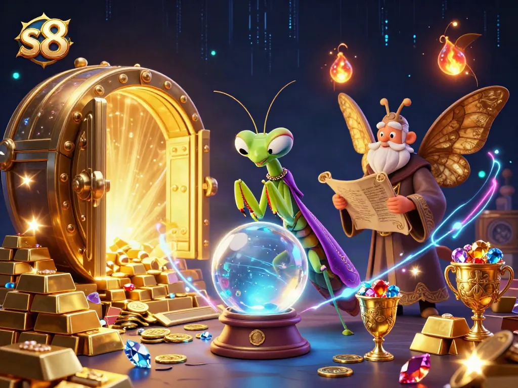 Spin the reels at s8 casino, showcasing vibrant games and treasures in an immersive scene.