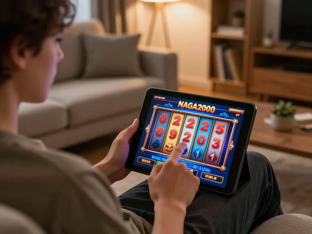 NAGA2000 user spins slot reels on tablet in a cozy living room gaming setup