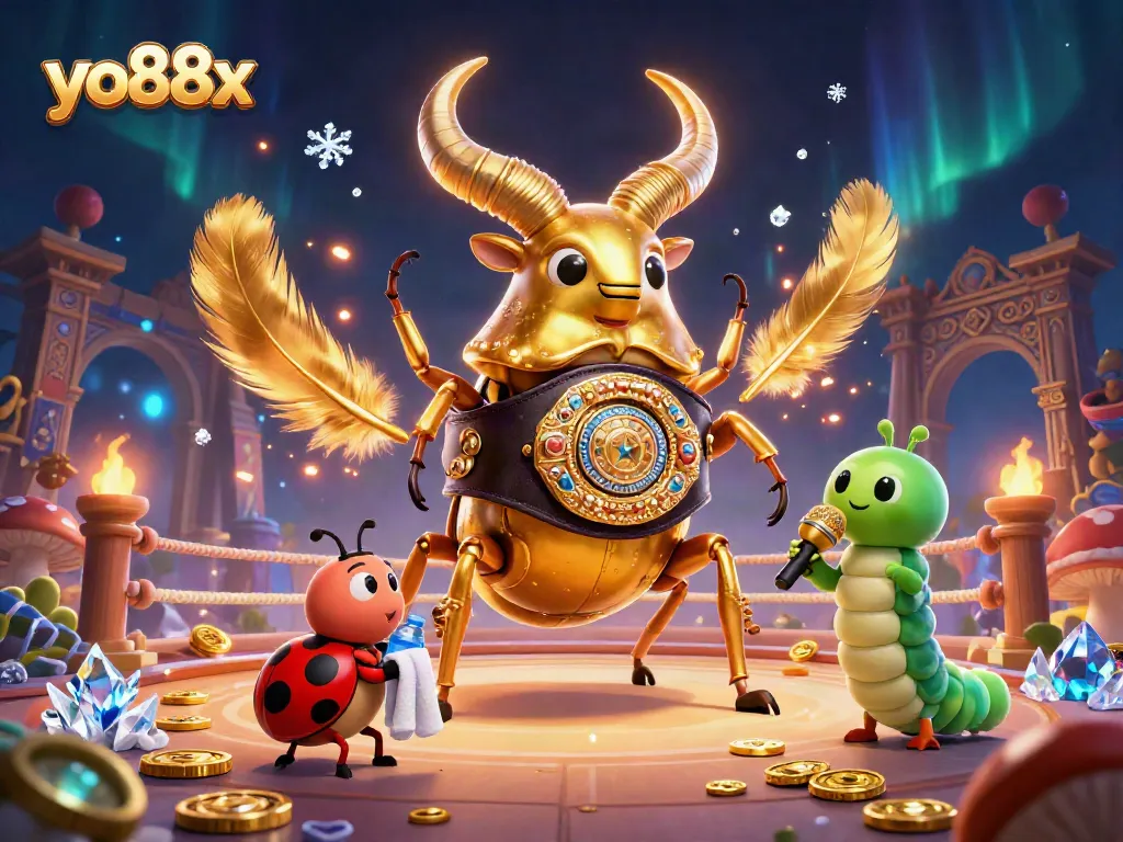 yo88x showcases an epic gambling arena with vibrant characters battling amidst dazzling casino elements.
