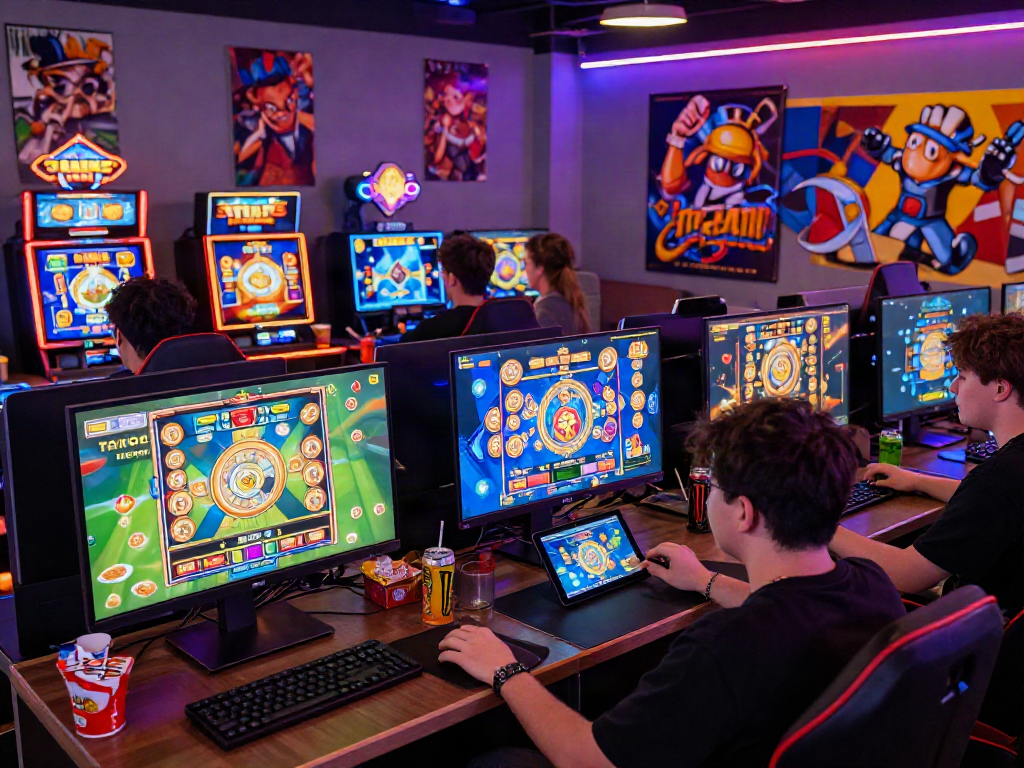 Permainan situs slot yang menarik dengan pemain terlibat di lingkungan gaming yang cerah.