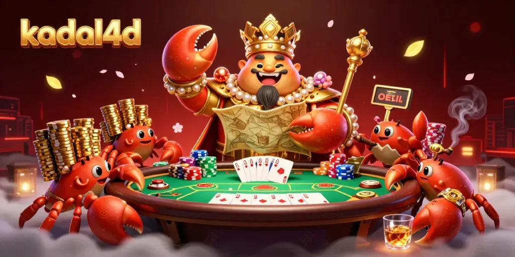 Kadal4d powers a vibrant casino scene featuring a golden crab emperor, poker table, and colorful chip stacks.