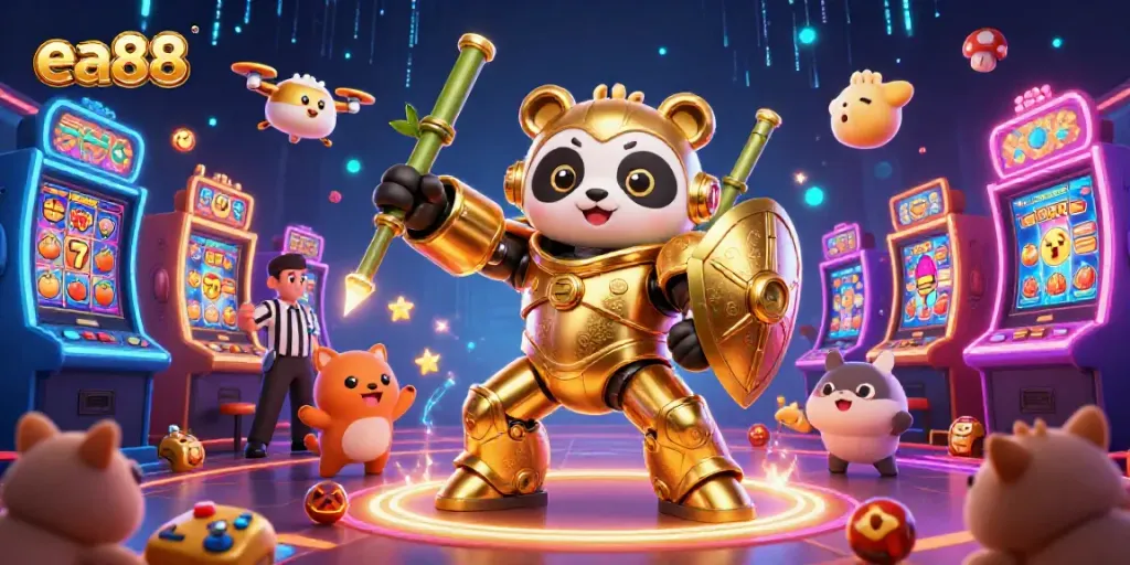 Enjoy thrilling gameplay at ea88 with a golden panda in a mech-suit surrounded by casino elements.