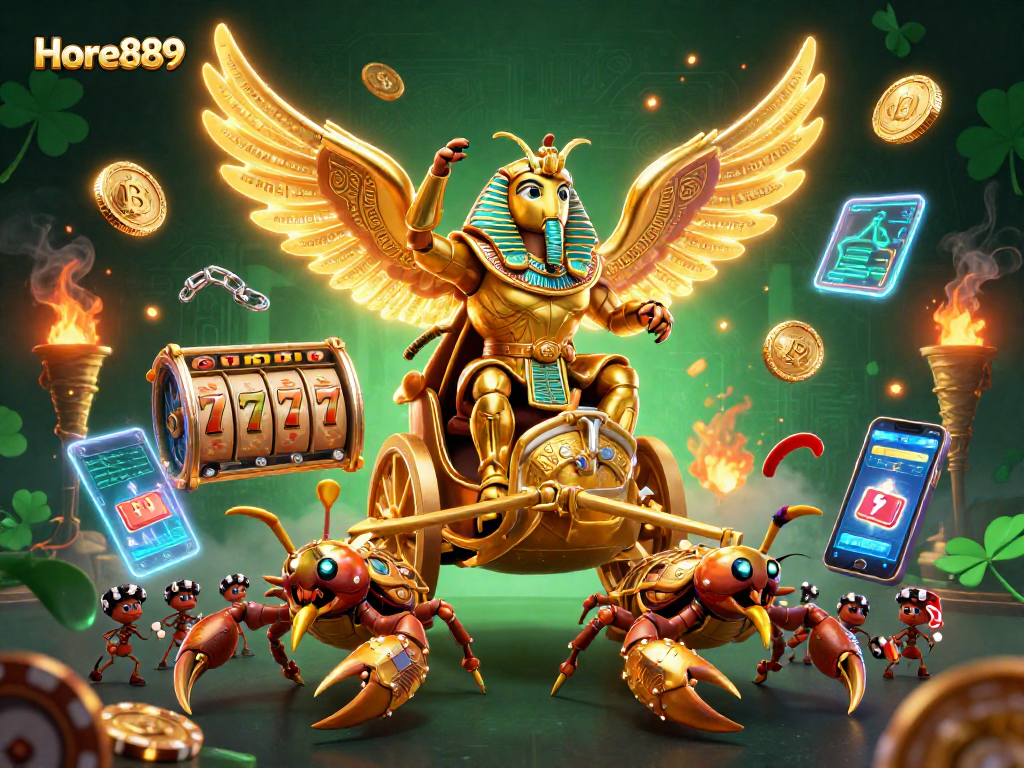 Experience the vibrant excitement of Hore889 through this dynamic casino scene with a golden scarab and rolling jackpots.