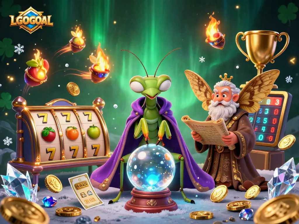 Experience gaming thrills at LGOGOAL with vibrant illustrations of slots and fortune tellers.