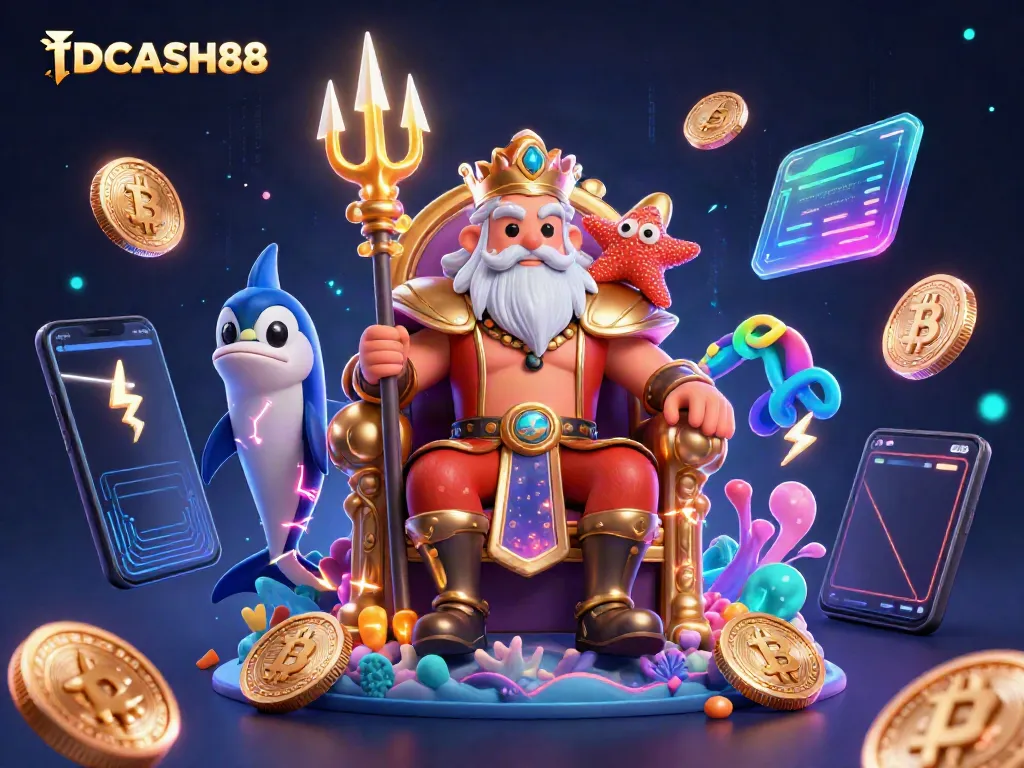 Engage with IDCASH88, a vibrant casino scene featuring sea king Neptune and glowing crypto coins.