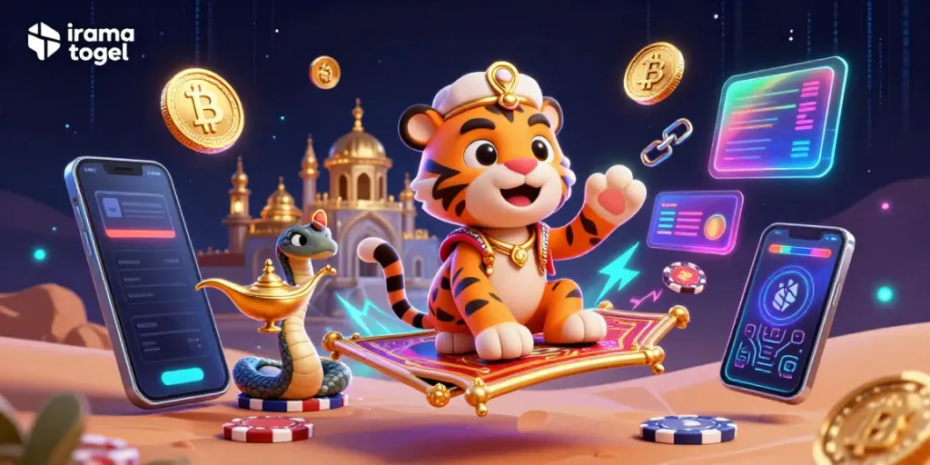 Experience irama togel with an Arabian Nights theme featuring a sultan, genie, and casino elements.