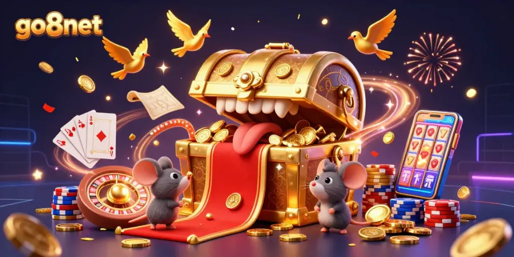 Experience thrilling gameplay with go8net's golden treasure chest and casino elements.
