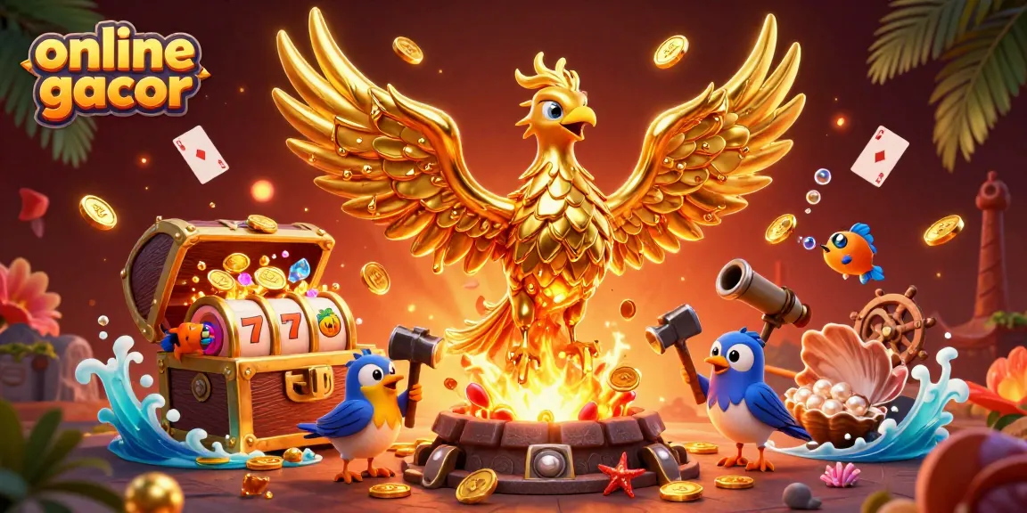 Experience the excitement of online gacor with a dynamic scene featuring a golden phoenix amidst casino symbols.