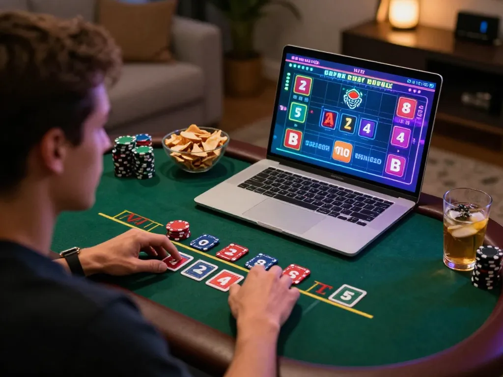 Player enjoying tr88 online casino blackjack in cozy home setting, showcasing live dealer interface.